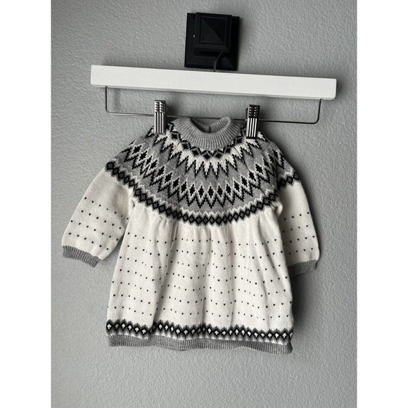 Janie and Jack Fair Isle Knit Sweater Dress White Black Mini Hearts 3-6 Month - Picture 1 of 4